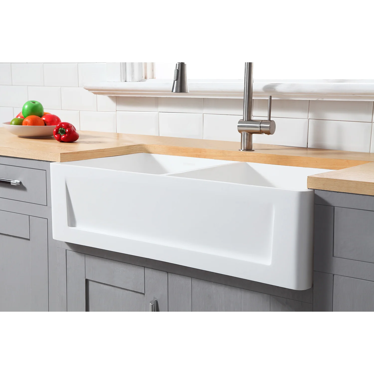 Kingston Arcticstone GKFA361810SQD 36-Inch Solid Surface White Stone Apron-Front Double Bowl Farmhouse Kitchen Sink with Strainers x 2, Matte White - Image 5