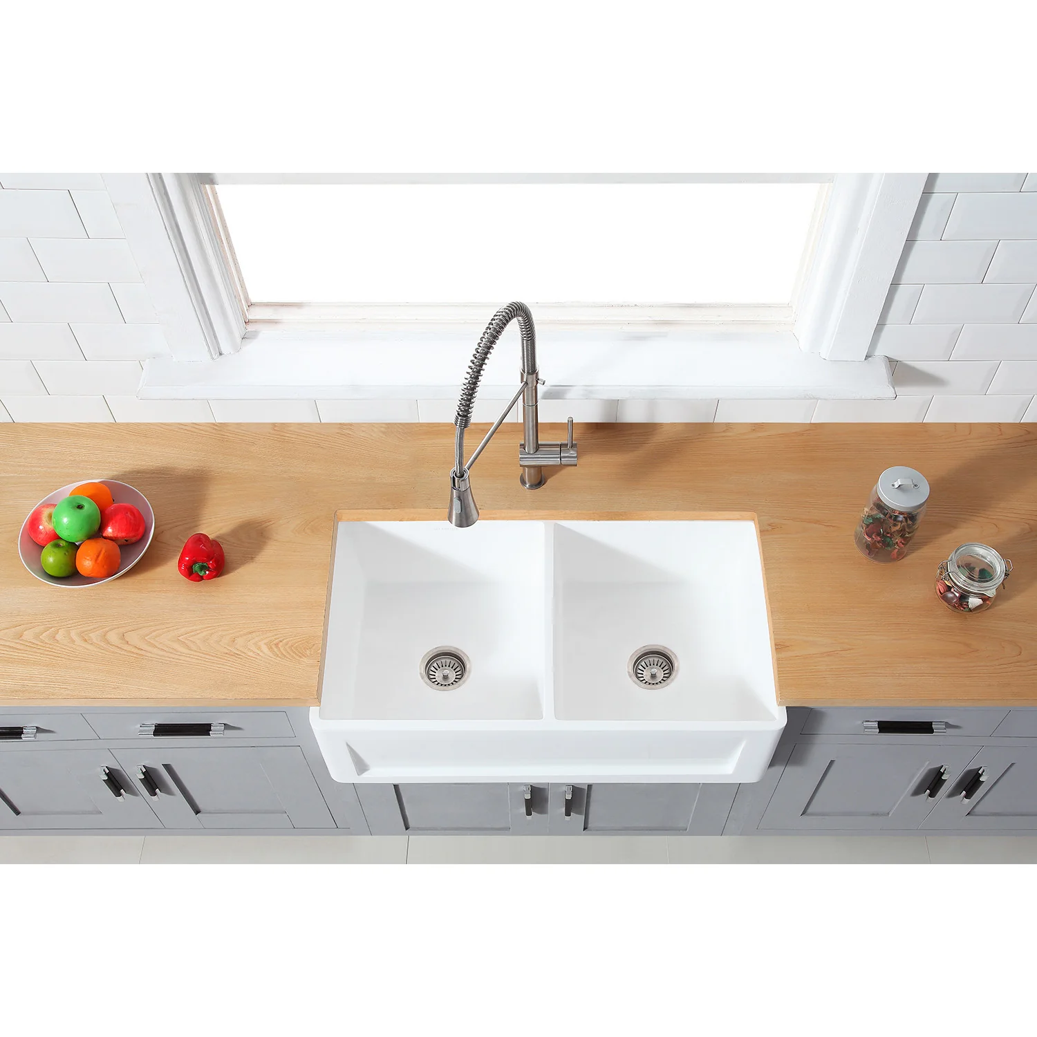 Kingston Arcticstone GKFA361810SQD 36-Inch Solid Surface White Stone Apron-Front Double Bowl Farmhouse Kitchen Sink with Strainers x 2, Matte White - Image 6