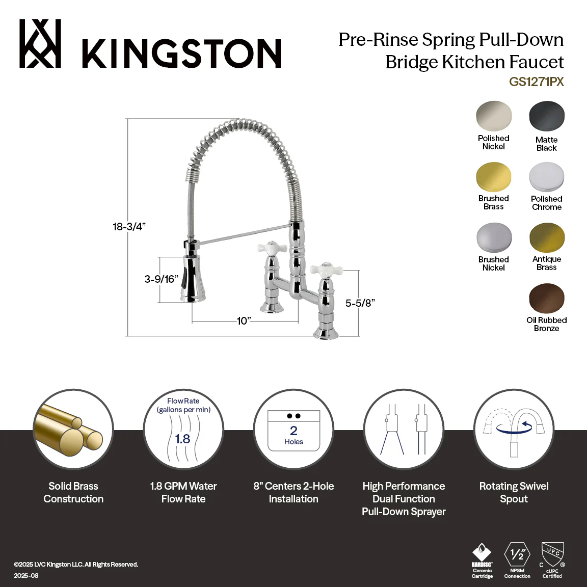 Kingston Tulare GS1273PX - Heritage Double-Handle 2-Hole Deck-Mount Pre-Rinse Bridge Kitchen Faucet, Antique Brass - Image 2