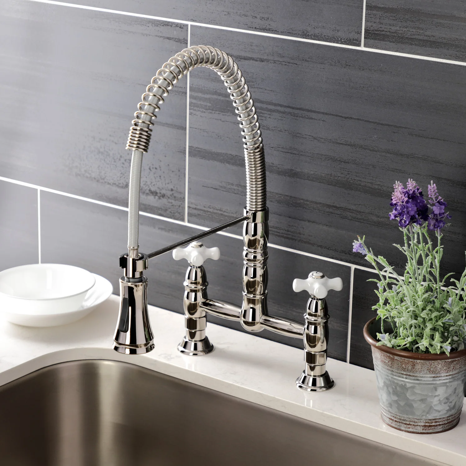 Kingston Tulare GS1276PX - Heritage Double-Handle 2-Hole Deck-Mount Pre-Rinse Bridge Kitchen Faucet, Polished Nickel - Image 2