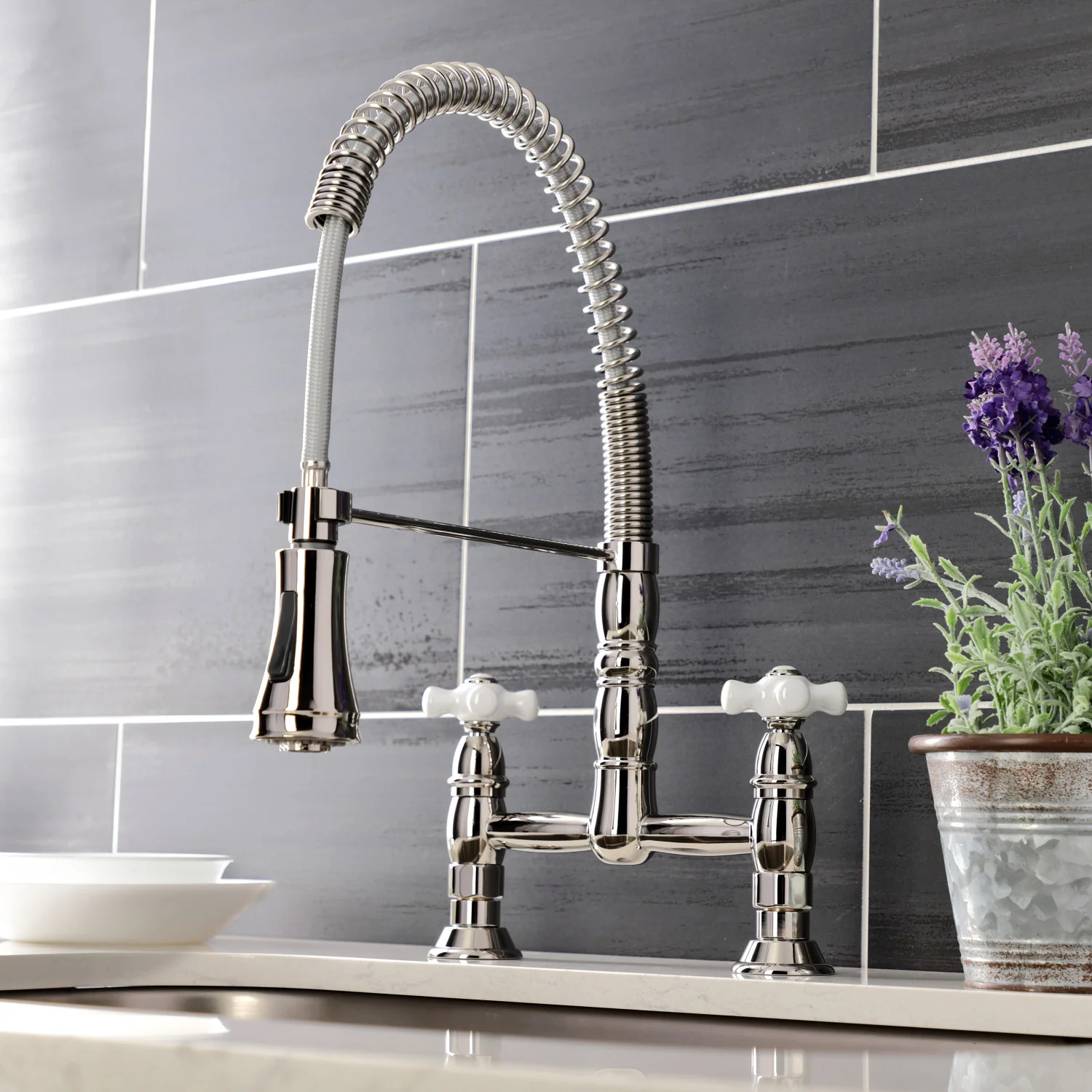 Kingston Tulare GS1276PX - Heritage Double-Handle 2-Hole Deck-Mount Pre-Rinse Bridge Kitchen Faucet, Polished Nickel - Image 3