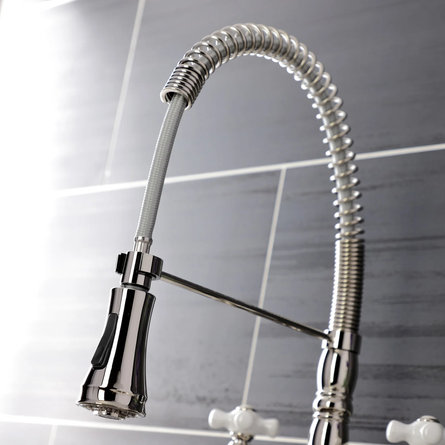 Kingston Tulare GS1276PX - Heritage Double-Handle 2-Hole Deck-Mount Pre-Rinse Bridge Kitchen Faucet, Polished Nickel - Image 4
