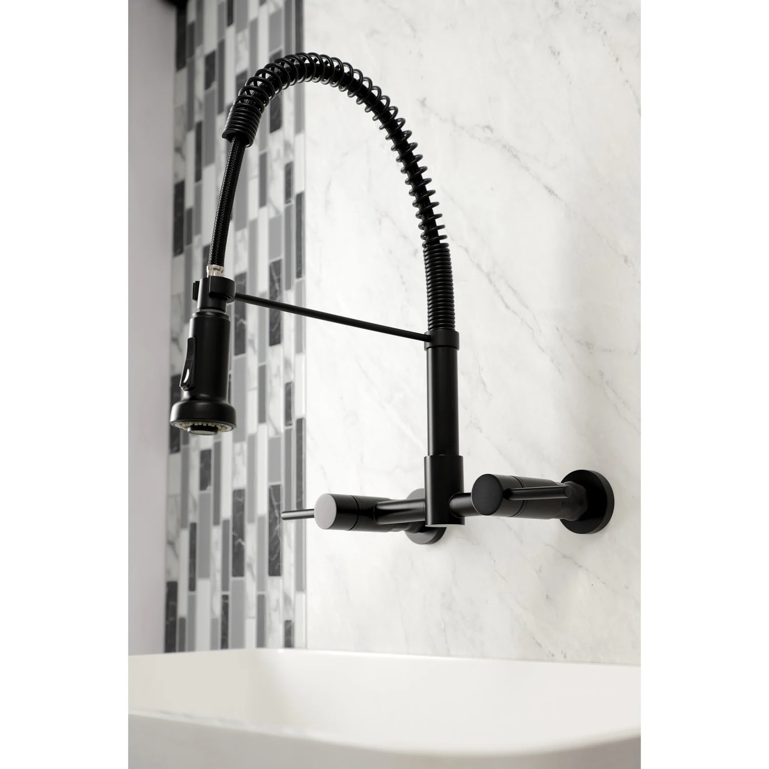 Kingston Sona GS8180DL - Concord Double-Handle 2-Hole Wall-Mount Pre-Rinse Bridge Kitchen Faucet, Matte Black - Image 6