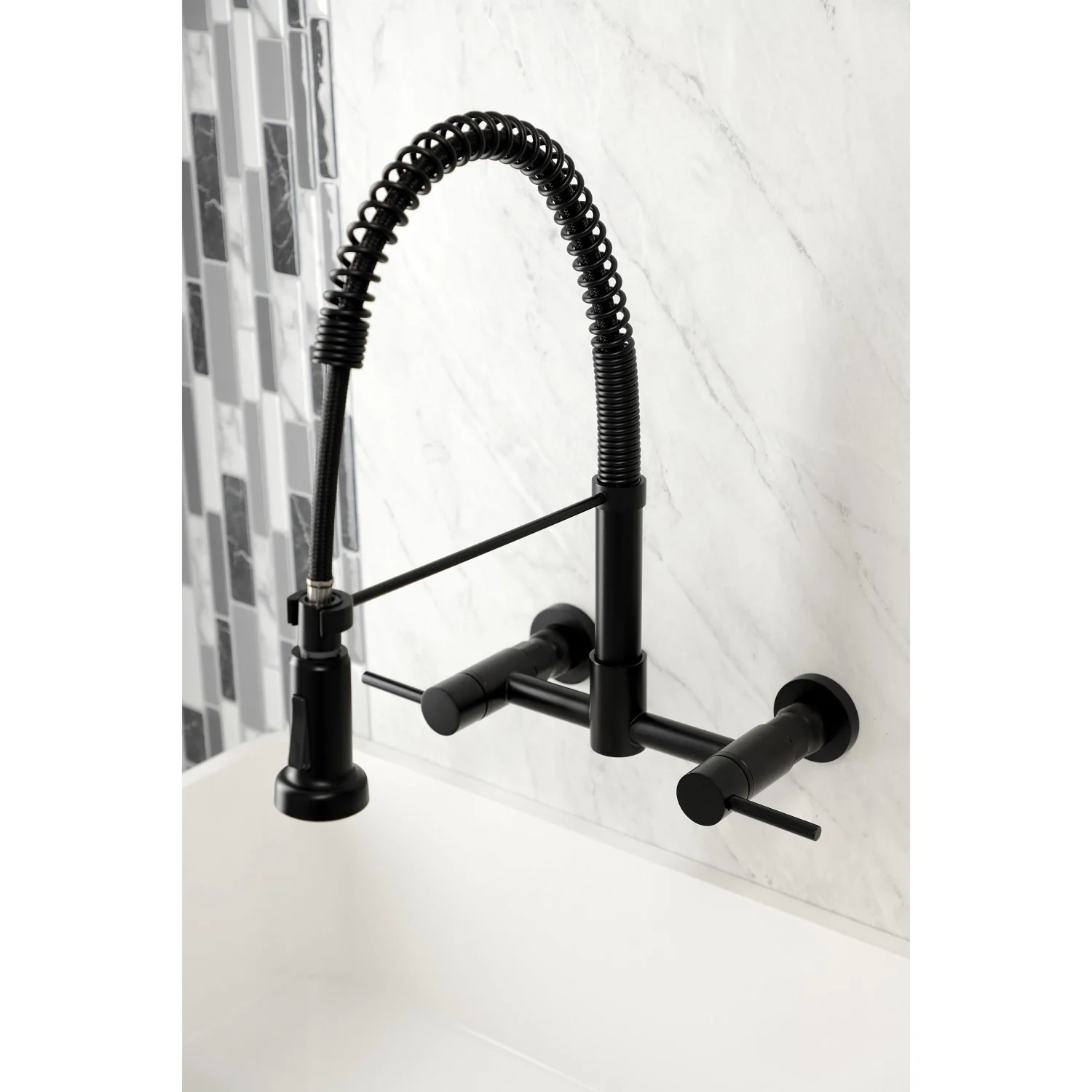 Kingston Sona GS8180DL - Concord Double-Handle 2-Hole Wall-Mount Pre-Rinse Bridge Kitchen Faucet, Matte Black - Image 7