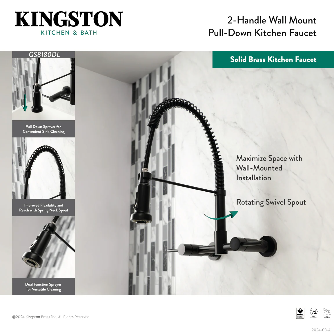 Kingston Sona GS8180DL - Concord Double-Handle 2-Hole Wall-Mount Pre-Rinse Bridge Kitchen Faucet, Matte Black - Image 9