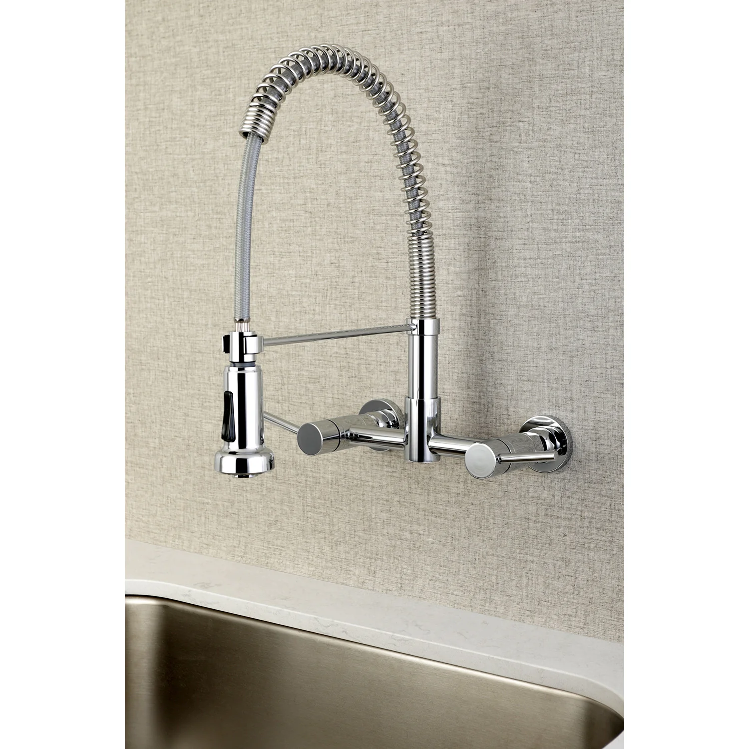 Kingston Sona GS8181DL - Concord Double-Handle 2-Hole Wall-Mount Pre-Rinse Bridge Kitchen Faucet, Polished Chrome - Image 2