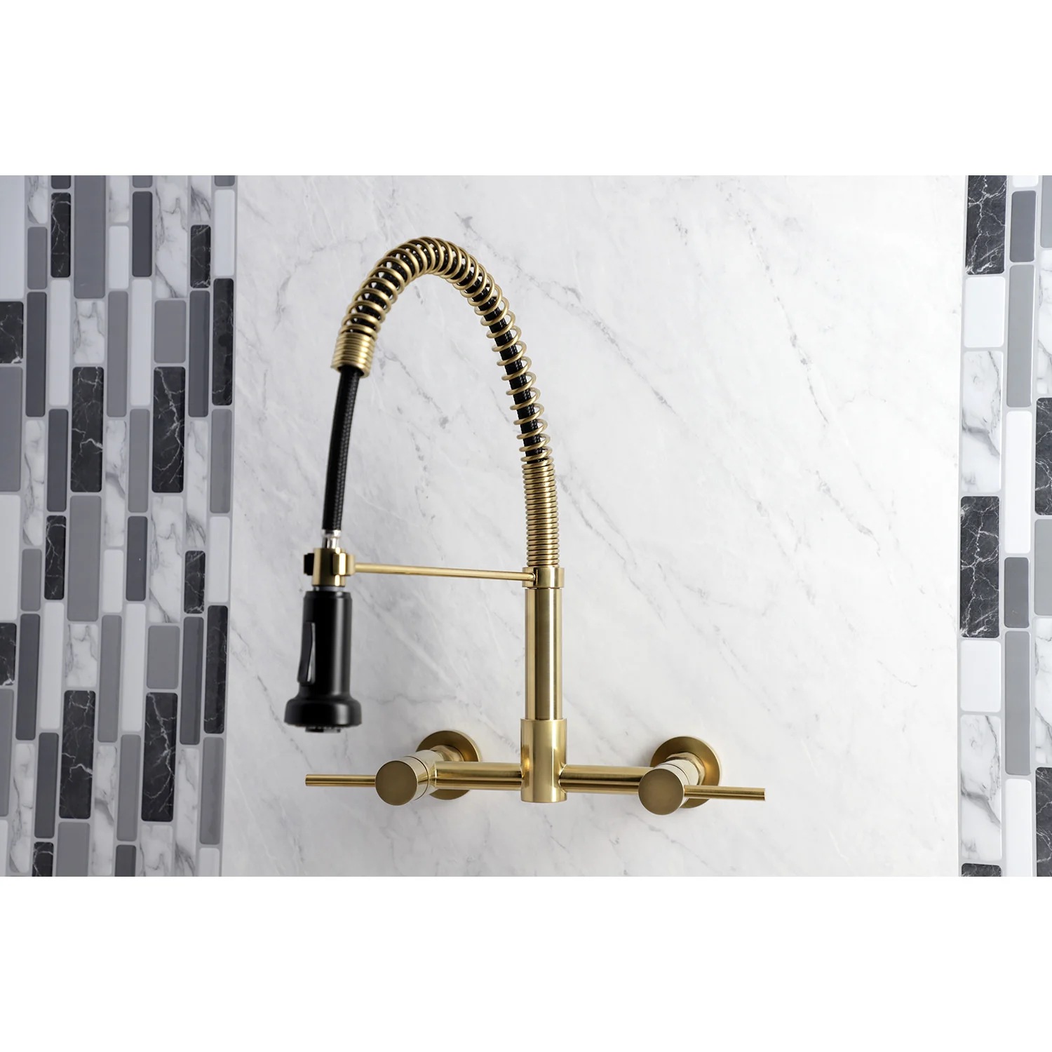 Kingston Sona GS8187DL - Concord Double-Handle 2-Hole Wall-Mount Pre-Rinse Bridge Kitchen Faucet, Brushed Brass - Image 2