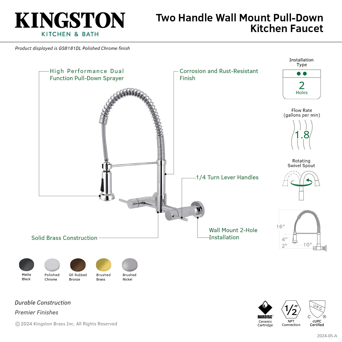 Kingston Sona GS8188DL - Concord Double-Handle 2-Hole Wall-Mount Pre-Rinse Bridge Kitchen Faucet, Brushed Nickel - Image 6