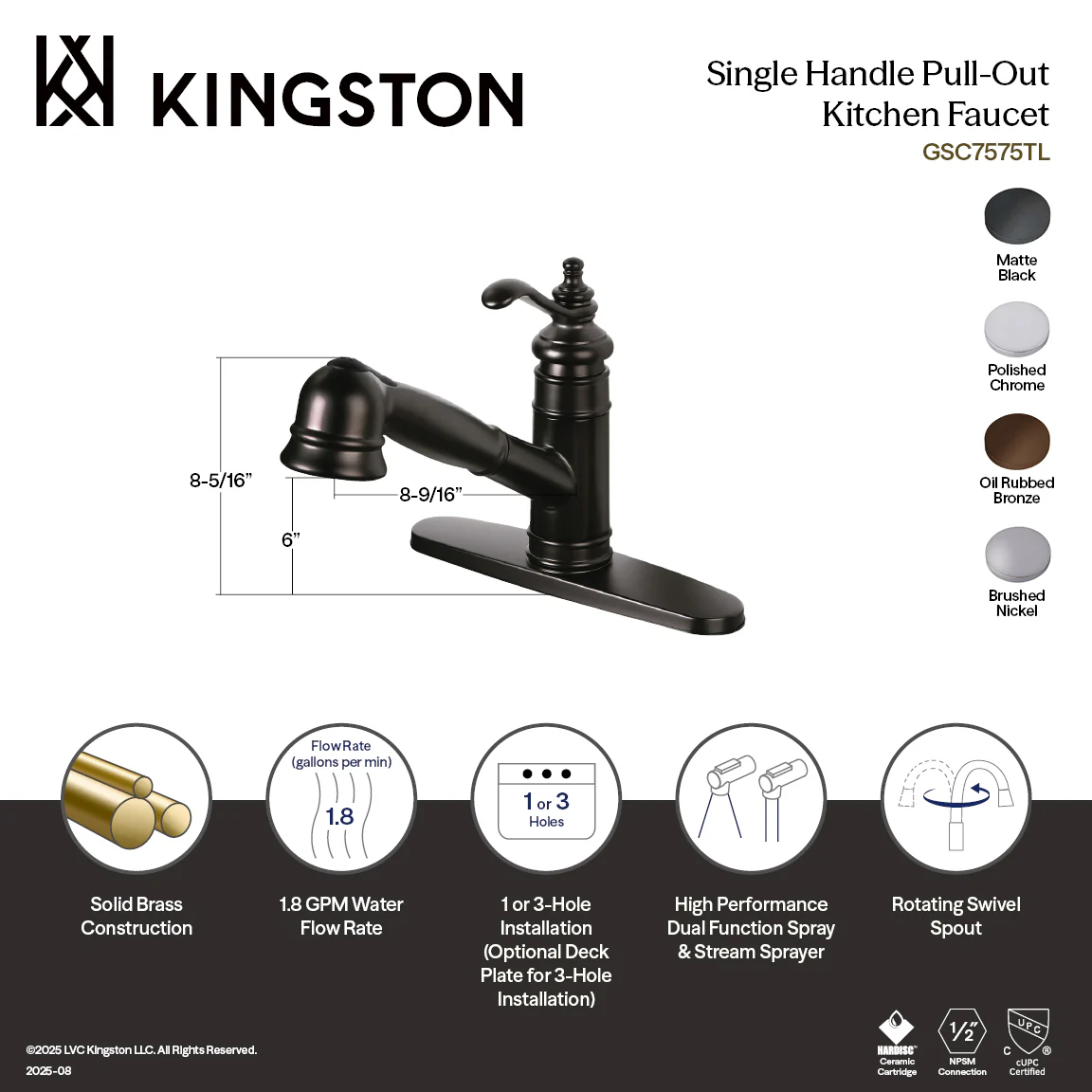 Kingston Heirloom GSC7575TL - Templeton Single-Handle 1-or-3 Hole Deck Mount Pull-Out Sprayer Kitchen Faucet, Oil Rubbed Bronze - Image 3