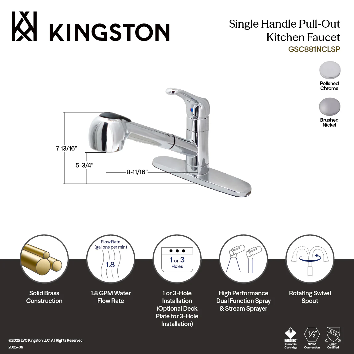 Kingston Tulare GSC881NCLSP - Century Single-Handle 1-or-3 Hole Deck Mount Pull-Out Sprayer Kitchen Faucet, Polished Chrome - Image 3