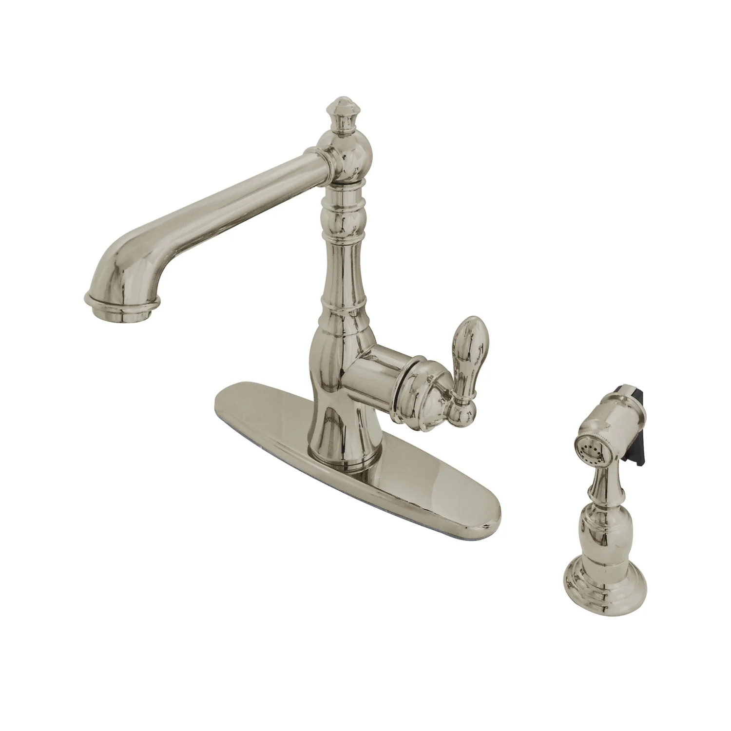 Kingston Heirloom GSY7208ACLBS - American Classic Single-Handle 2-or-4 Hole Kitchen Faucet with Brass Sprayer, Brushed Nickel