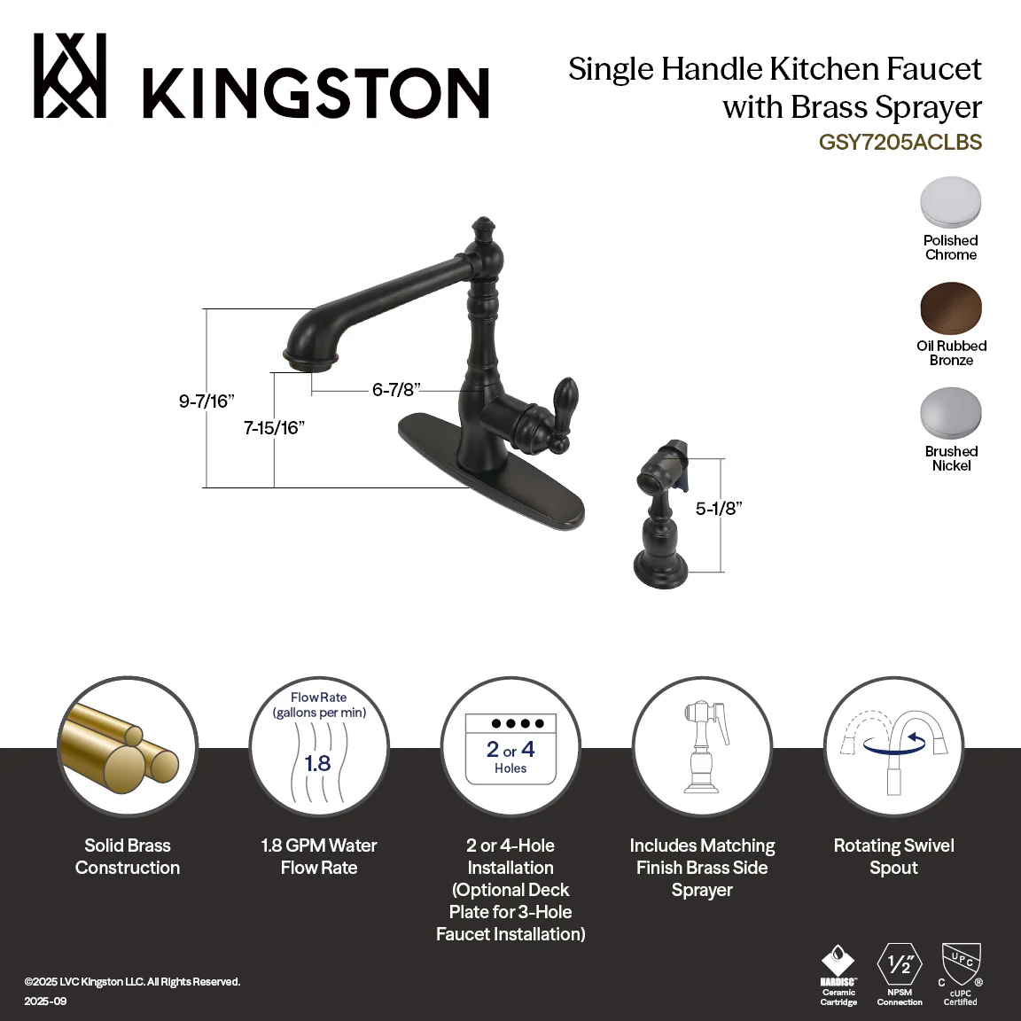 Kingston Heirloom GSY7208ACLBS - American Classic Single-Handle 2-or-4 Hole Kitchen Faucet with Brass Sprayer, Brushed Nickel - Image 2