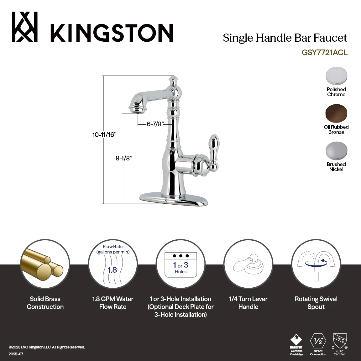 Kingston Heirloom GSY7721ACL - American Classic One-Handle 3-Hole Deck Mount Bar Faucet, Polished Chrome - Image 2
