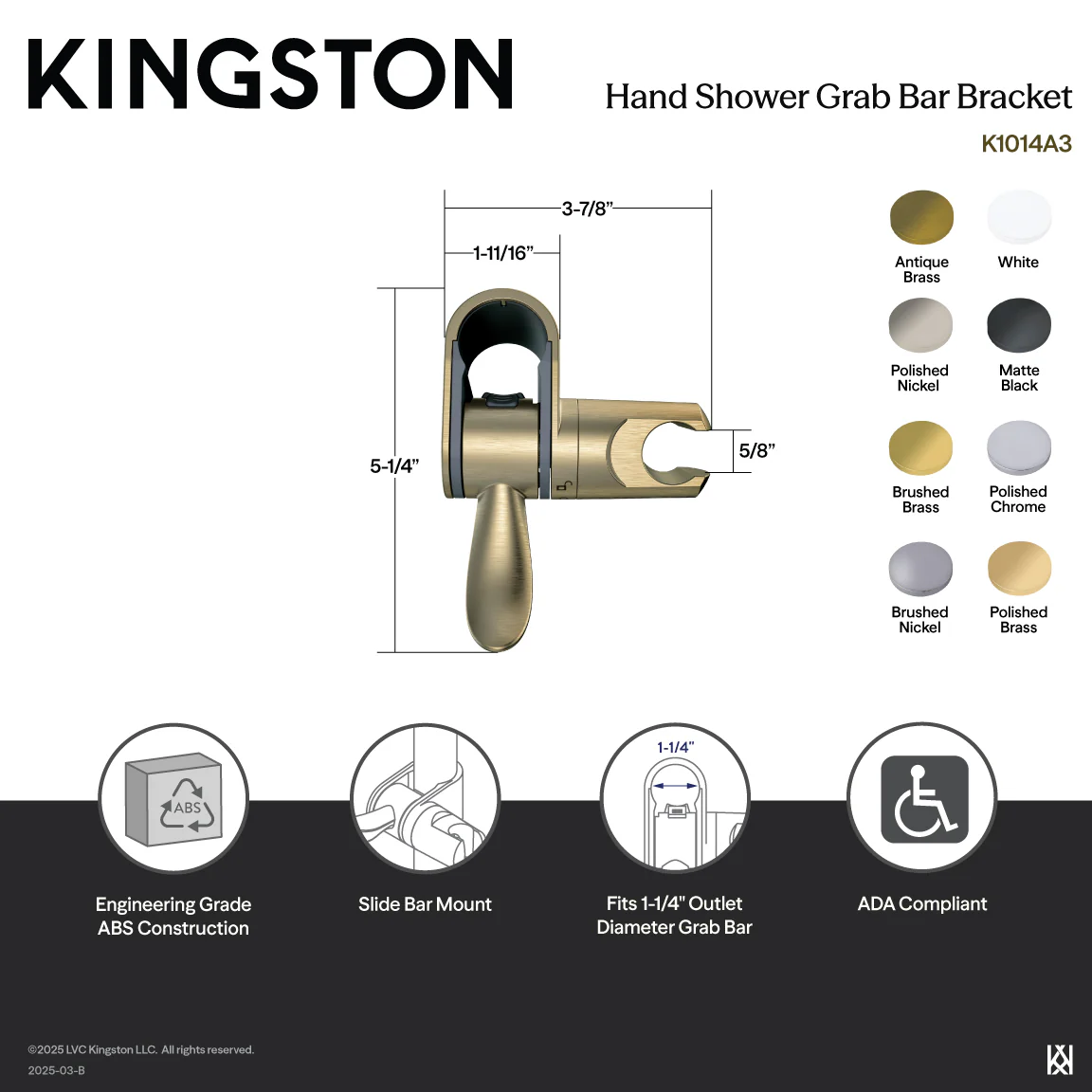 Kingston Complement K1014A7 Hand Shower Grab Bar Bracket, Brushed Brass - Image 2