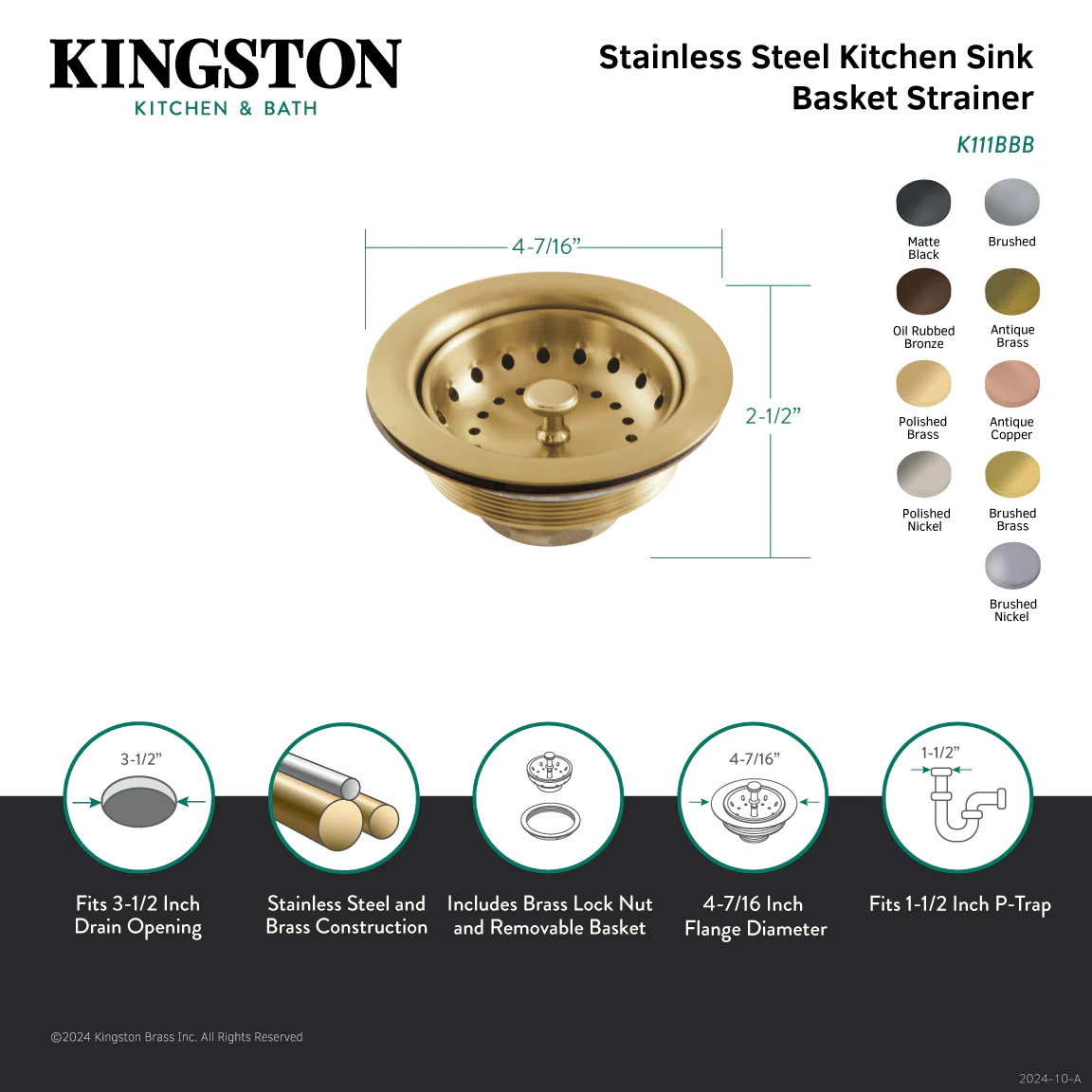 Kingston Tacoma K111BORB 3-1/2 Inch Kitchen Sink Basket Strainer Only, Oil Rubbed Bronze - Image 2