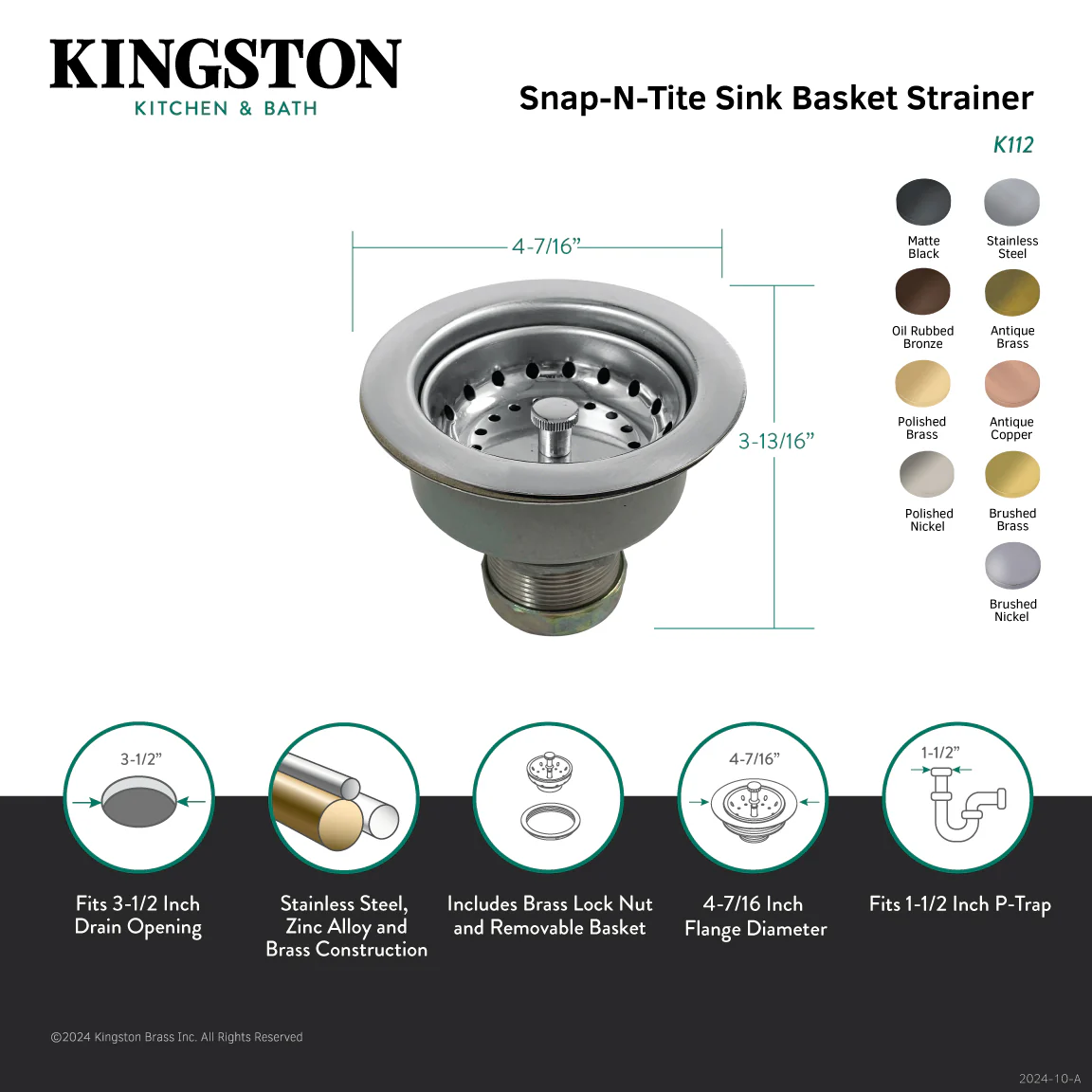 Kingston Tacoma K112 3-1/2-Inch Kitchen Sink Basket Strainer, Brushed Stainless Steel - Image 2