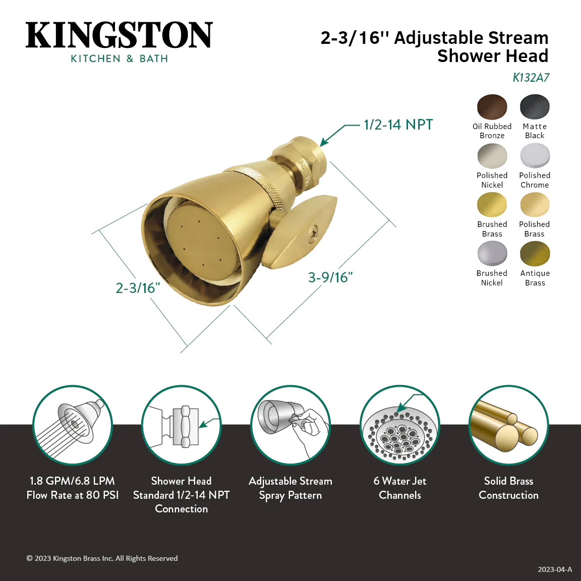 Kingston Tulare K132A5 - Made To Match 2-1/4-Inch Round Adjustable Jet Spray Brass Shower Head, Oil Rubbed Bronze - Image 5