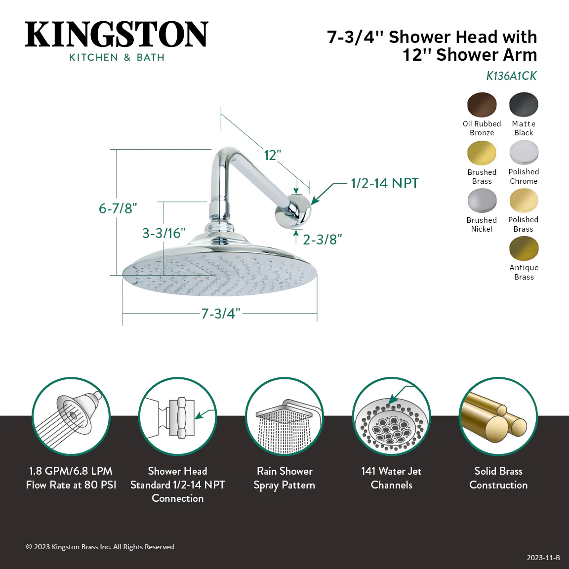 Kingston Heirloom K136A5CK - Victorian 7-3/4 Inch Round Raindrop Brass Shower Head with 12-Inch Shower Arm, Oil Rubbed Bronze - Image 3