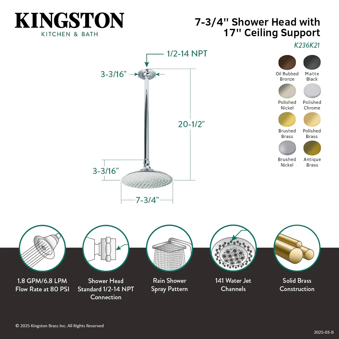 Kingston Heirloom K236K27 - Trimscape 7-3/4 Inch Round Raindrop Brass Shower Head with 17-Inch Ceiling Mount Shower Arm, Brushed Brass - Image 3