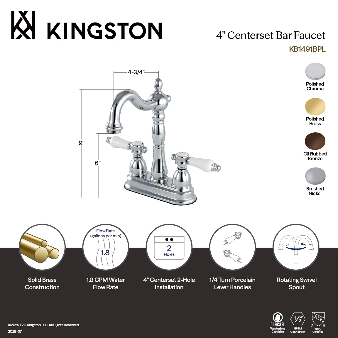 Kingston Heirloom KB1495BPL - Bel-Air Two-Handle 2-Hole Deck Mount Bar Faucet, Oil Rubbed Bronze - Image 4