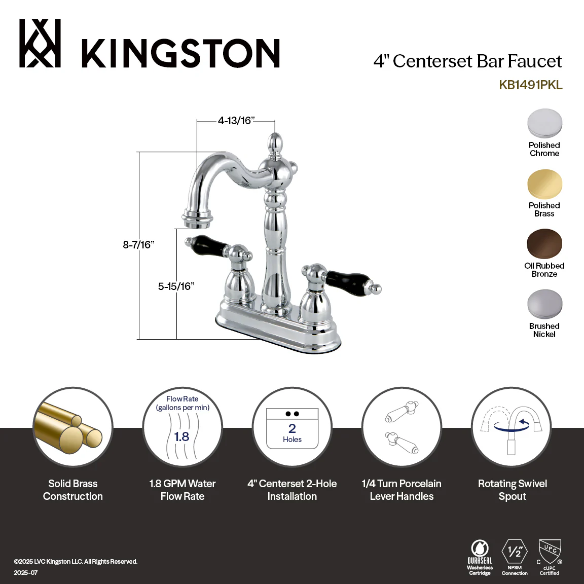 Kingston Heirloom KB1495PKL - Duchess Two-Handle 2-Hole Deck Mount Bar Faucet, Oil Rubbed Bronze - Image 4