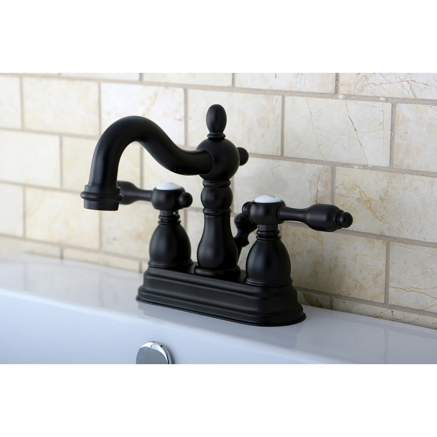 Kingston Heirloom KB1605TAL - Tudor Double-Handle 3-Hole Deck Mount 4-Inch Centerset Bathroom Faucet with Pop-Up Drain, Oil Rubbed Bronze - Image 4