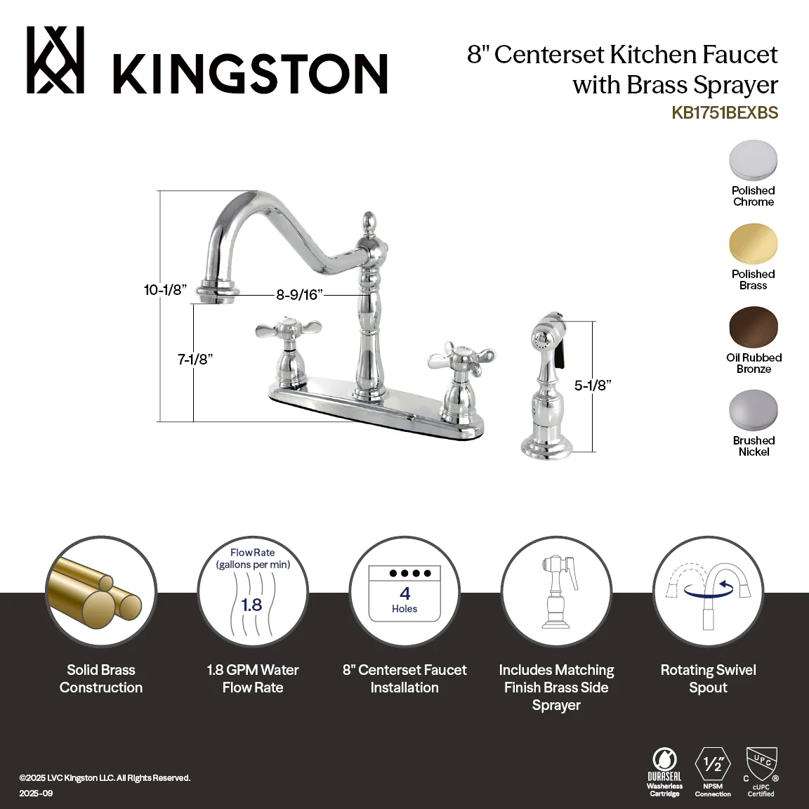 Kingston Heirloom KB1755BEXBS - Essex Two-Handle 4-Hole 8" Centerset Kitchen Faucet with Brass Sprayer, Oil Rubbed Bronze - Image 3