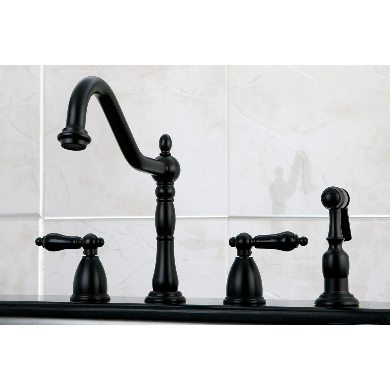 Kingston Heirloom KB1795PKLBS - Duchess Double-Handle 4-Hole Widespread Kitchen Faucet with Brass Sprayer, Oil Rubbed Bronze - Image 4