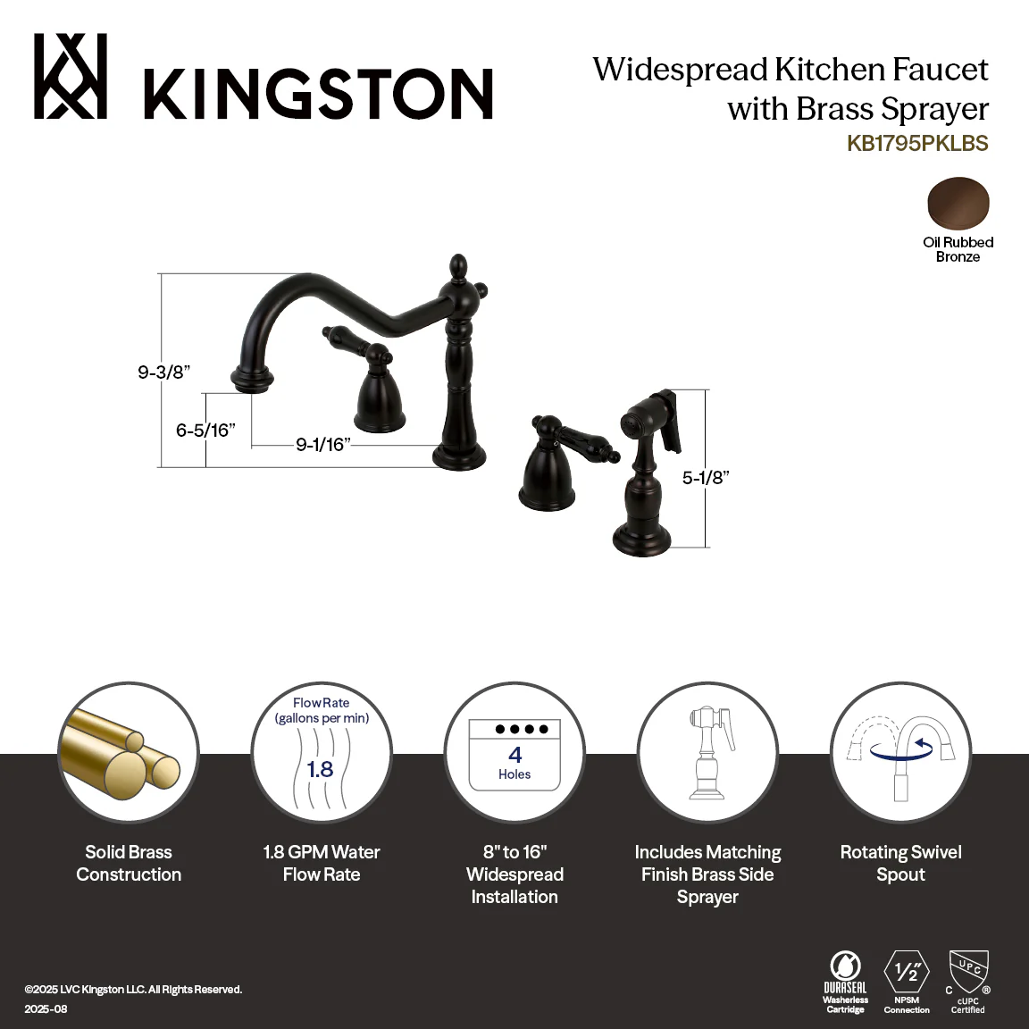 Kingston Heirloom KB1795PKLBS - Duchess Double-Handle 4-Hole Widespread Kitchen Faucet with Brass Sprayer, Oil Rubbed Bronze - Image 5