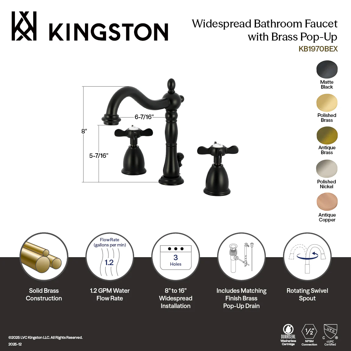 Kingston Heirloom KB1972BEX - Essex Two-Handle 3-Hole Deck Mount Widespread Bathroom Faucet with Brass Pop-Up, Polished Brass - Image 2