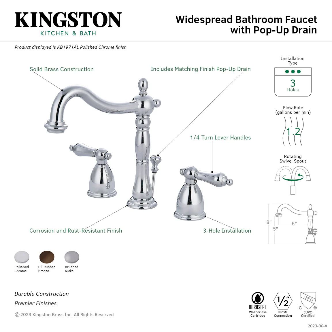 Kingston Heirloom KB1975AL - Heritage Two-Handle 3-Hole Deck Mount Widespread Bathroom Faucet with Pop-Up Drain, Oil Rubbed Bronze - Image 3