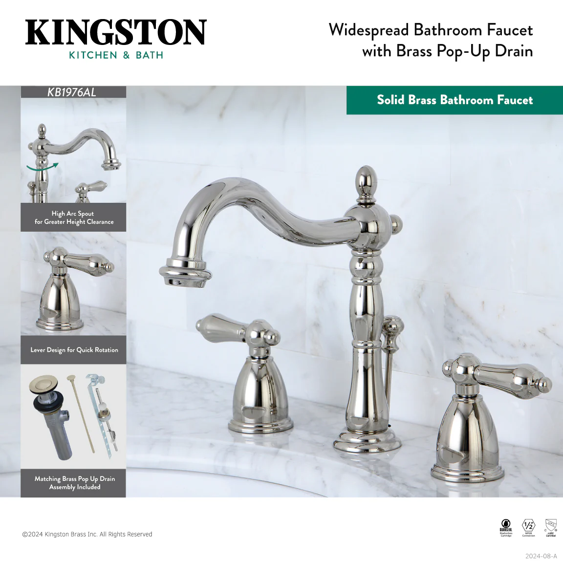 Kingston Heirloom KB1975AL - Heritage Two-Handle 3-Hole Deck Mount Widespread Bathroom Faucet with Pop-Up Drain, Oil Rubbed Bronze - Image 4