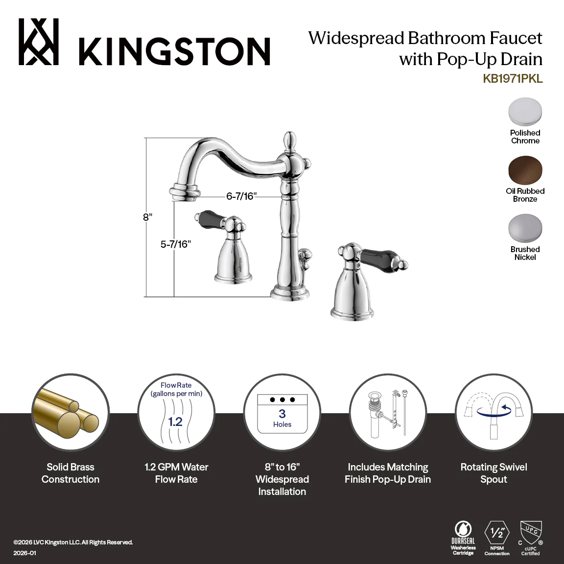 Kingston Heirloom KB1975PKL - Duchess Two-Handle 3-Hole Deck Mount Widespread Bathroom Faucet with Pop-Up Drain, Oil Rubbed Bronze - Image 4