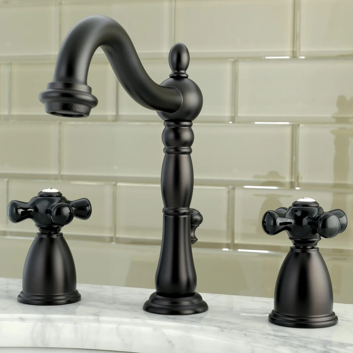 Kingston Heirloom KB1975PKX - Duchess Two-Handle 3-Hole Deck Mount Widespread Bathroom Faucet with Pop-Up Drain, Oil Rubbed Bronze - Image 2