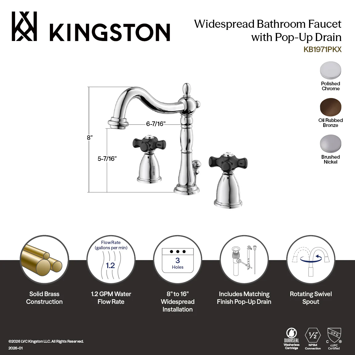 Kingston Heirloom KB1975PKX - Duchess Two-Handle 3-Hole Deck Mount Widespread Bathroom Faucet with Pop-Up Drain, Oil Rubbed Bronze - Image 4