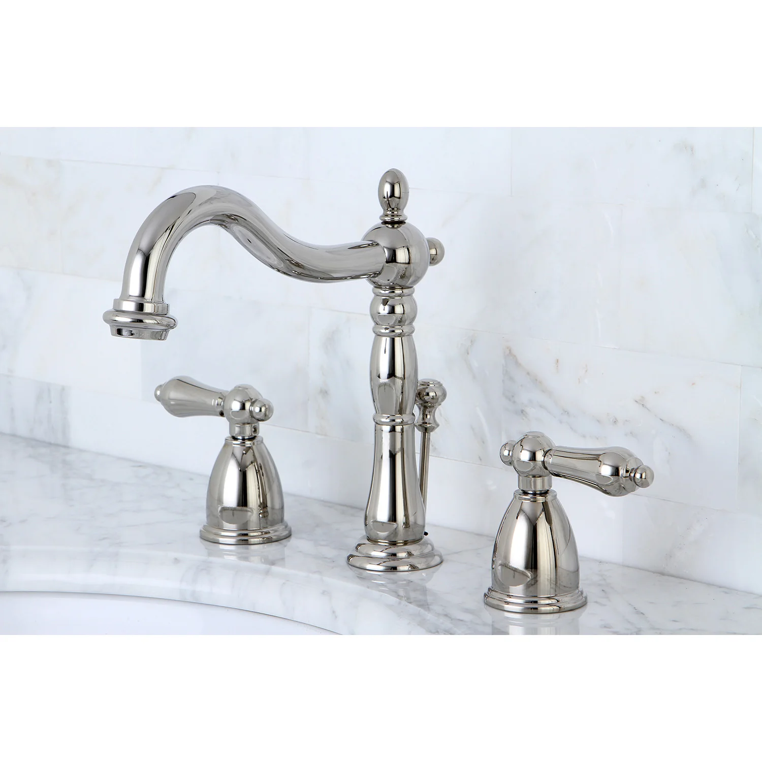 Kingston Heirloom KB1976AL - Heritage Two-Handle 3-Hole Deck Mount Widespread Bathroom Faucet with Brass Pop-Up, Polished Nickel - Image 2