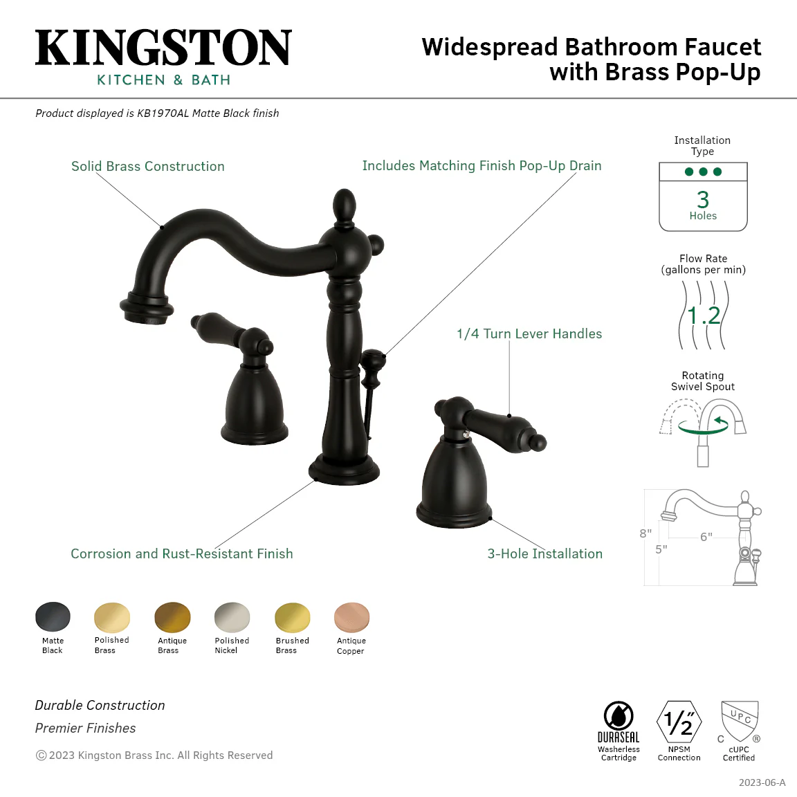 Kingston Heirloom KB1976AL - Heritage Two-Handle 3-Hole Deck Mount Widespread Bathroom Faucet with Brass Pop-Up, Polished Nickel - Image 3