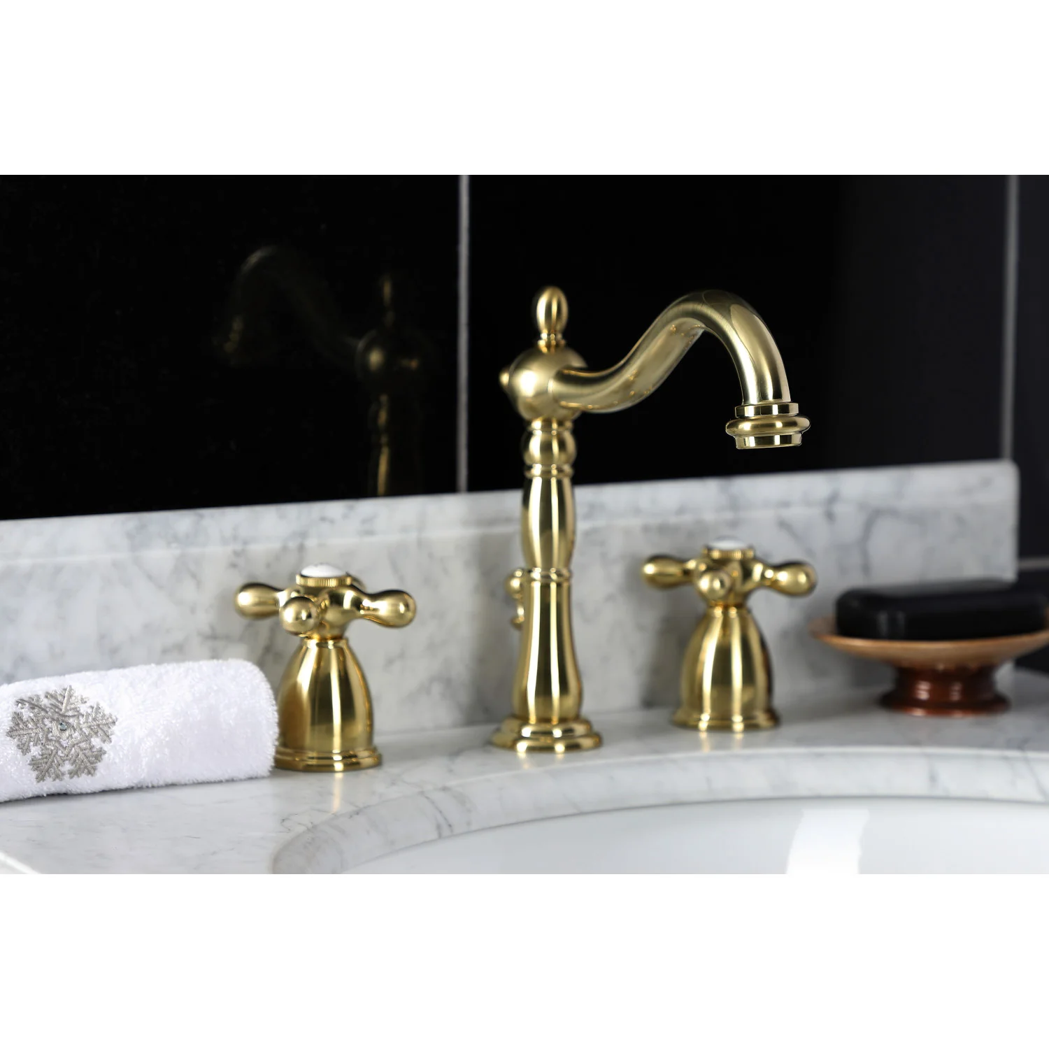 Kingston Heirloom KB1977AX - Heritage Two-Handle 3-Hole Deck Mount Widespread Bathroom Faucet with Brass Pop-Up, Brushed Brass - Image 3