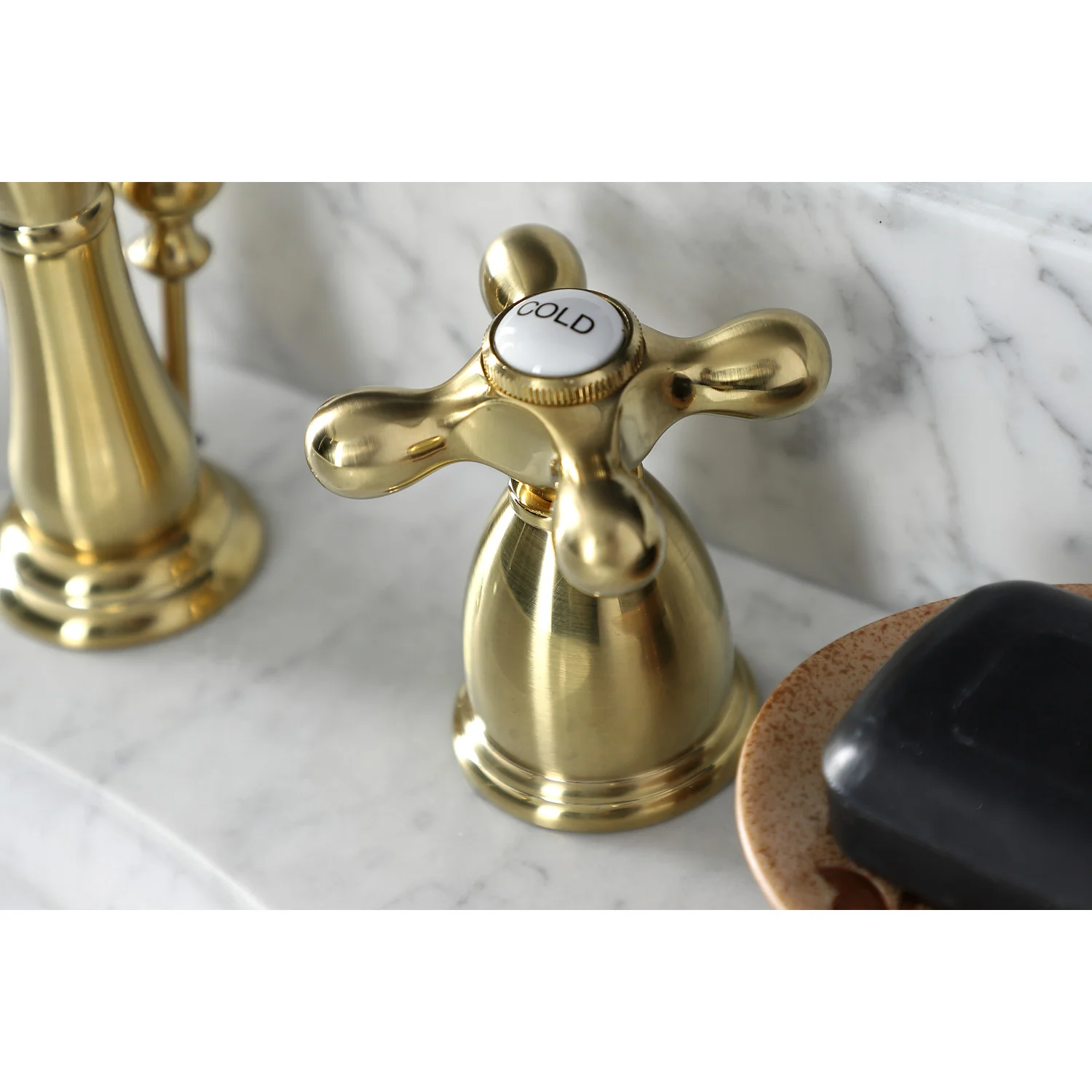 Kingston Heirloom KB1977AX - Heritage Two-Handle 3-Hole Deck Mount Widespread Bathroom Faucet with Brass Pop-Up, Brushed Brass - Image 5