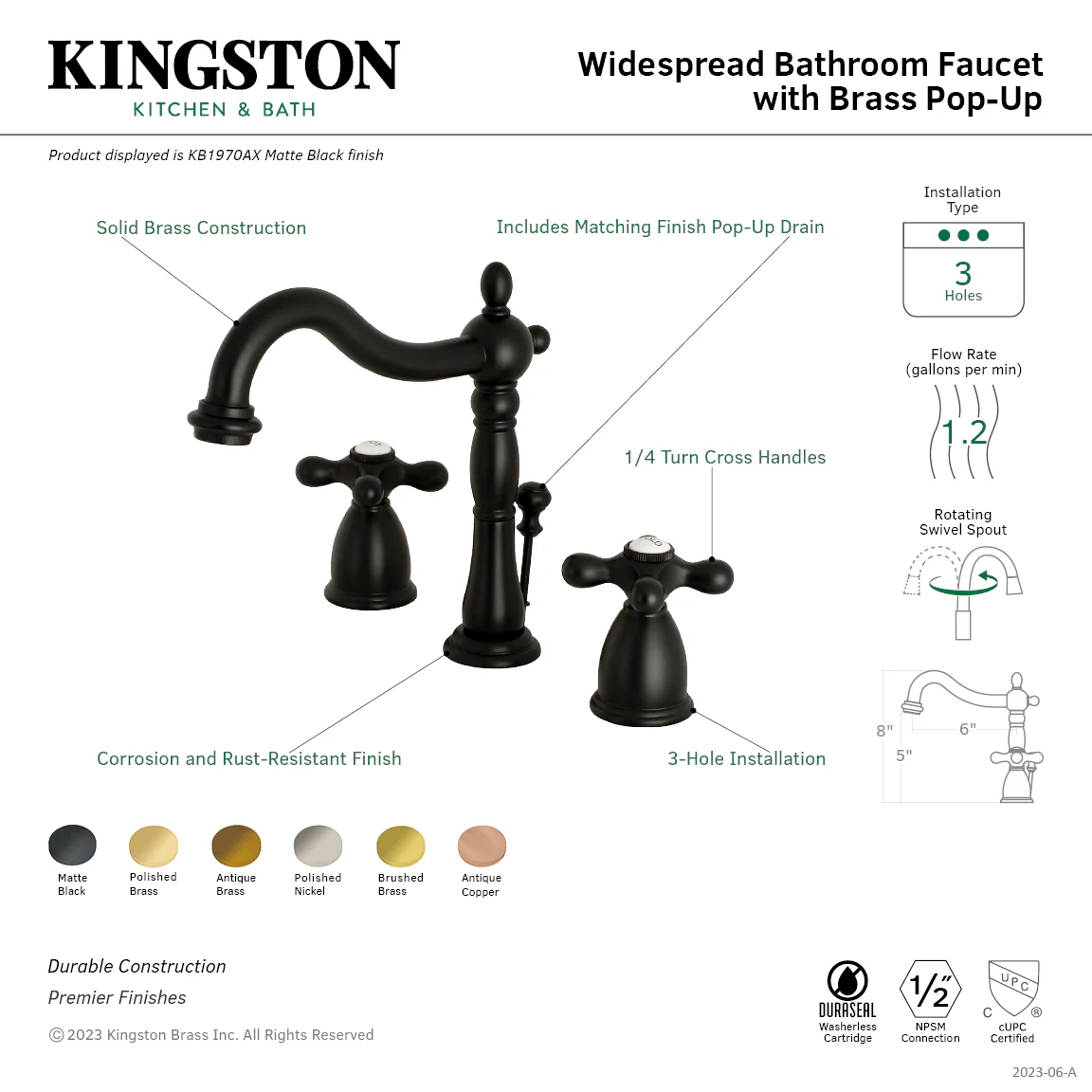 Kingston Heirloom KB1977AX - Heritage Two-Handle 3-Hole Deck Mount Widespread Bathroom Faucet with Brass Pop-Up, Brushed Brass - Image 6