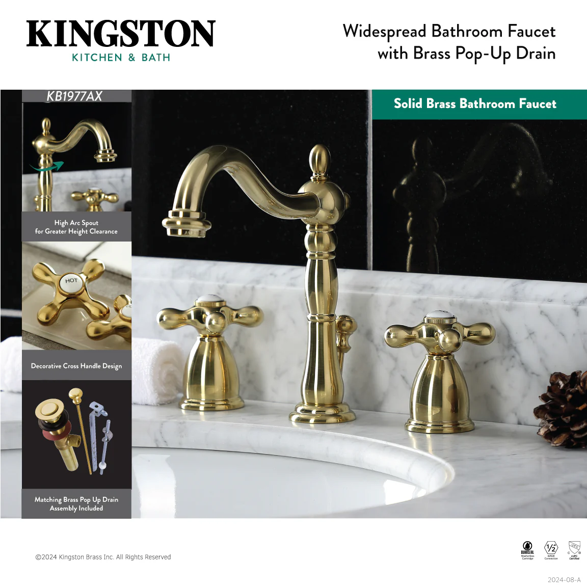 Kingston Heirloom KB1977AX - Heritage Two-Handle 3-Hole Deck Mount Widespread Bathroom Faucet with Brass Pop-Up, Brushed Brass - Image 7