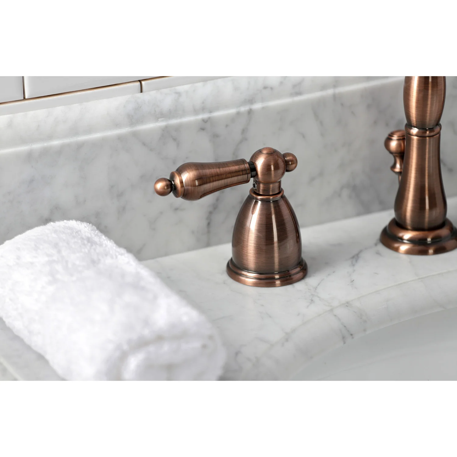 Kingston Heirloom KB197ALAC - Heritage Two-Handle 3-Hole Deck Mount Widespread Bathroom Faucet with Brass Pop-Up, Antique Copper - Image 2