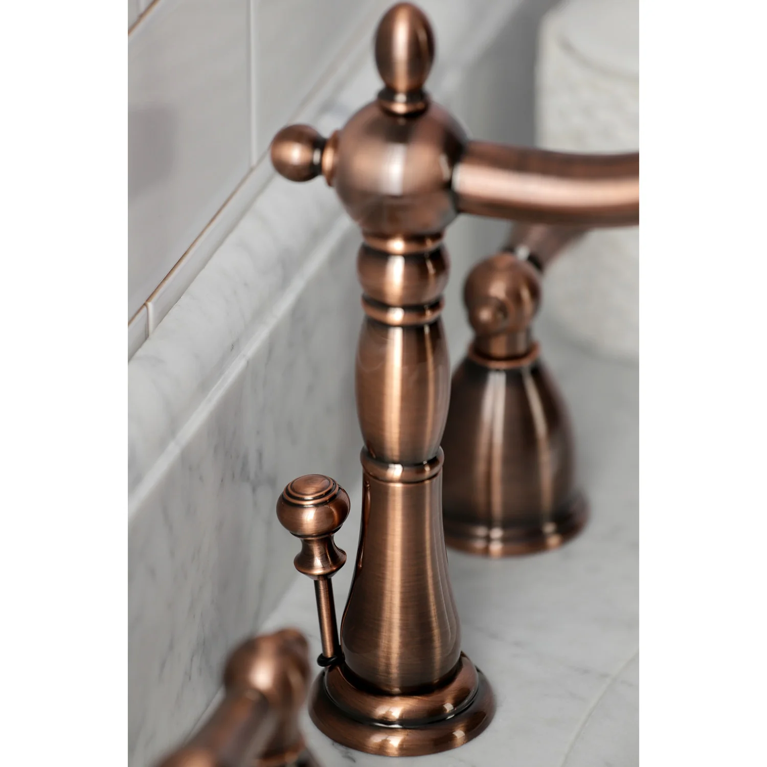 Kingston Heirloom KB197ALAC - Heritage Two-Handle 3-Hole Deck Mount Widespread Bathroom Faucet with Brass Pop-Up, Antique Copper - Image 3