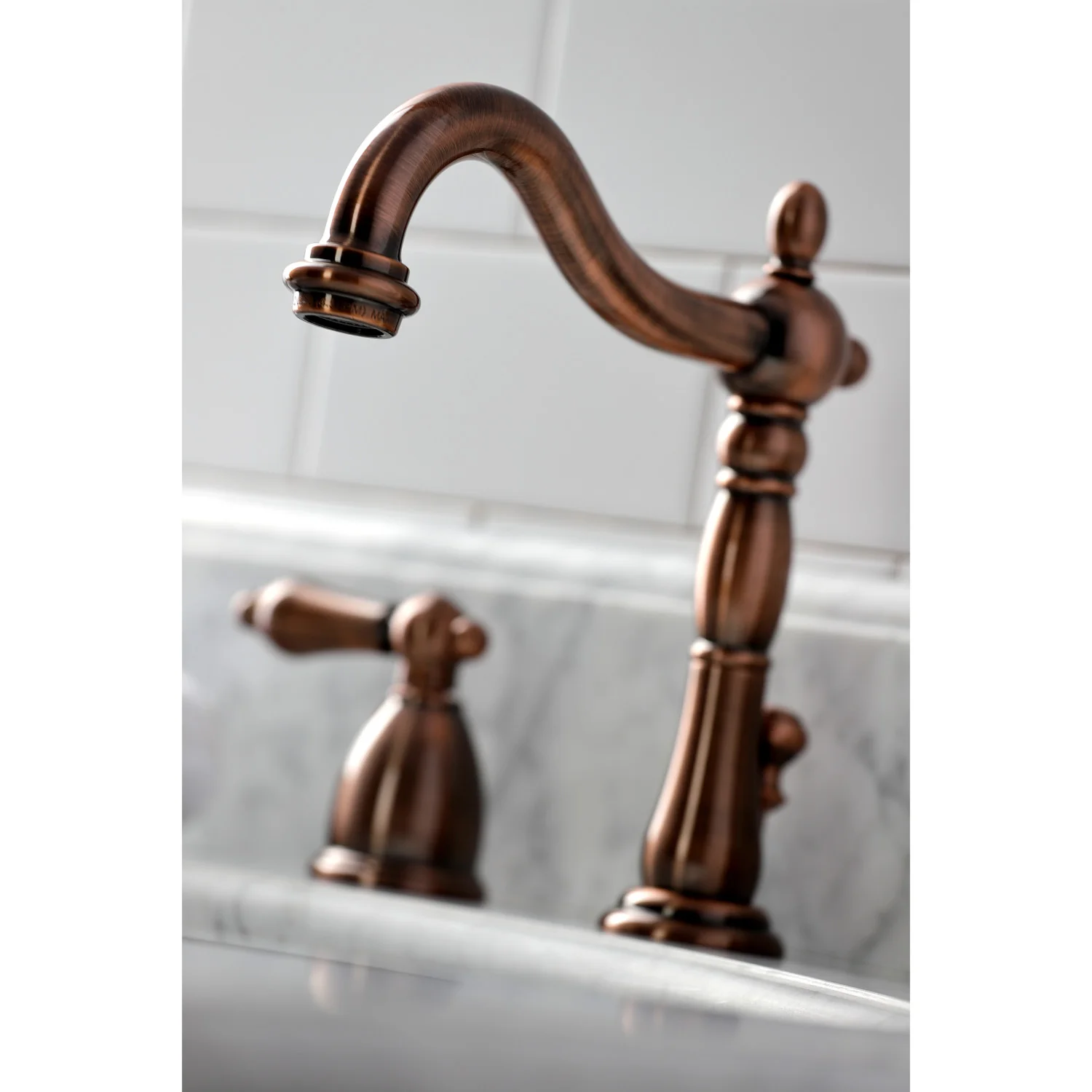 Kingston Heirloom KB197ALAC - Heritage Two-Handle 3-Hole Deck Mount Widespread Bathroom Faucet with Brass Pop-Up, Antique Copper - Image 4