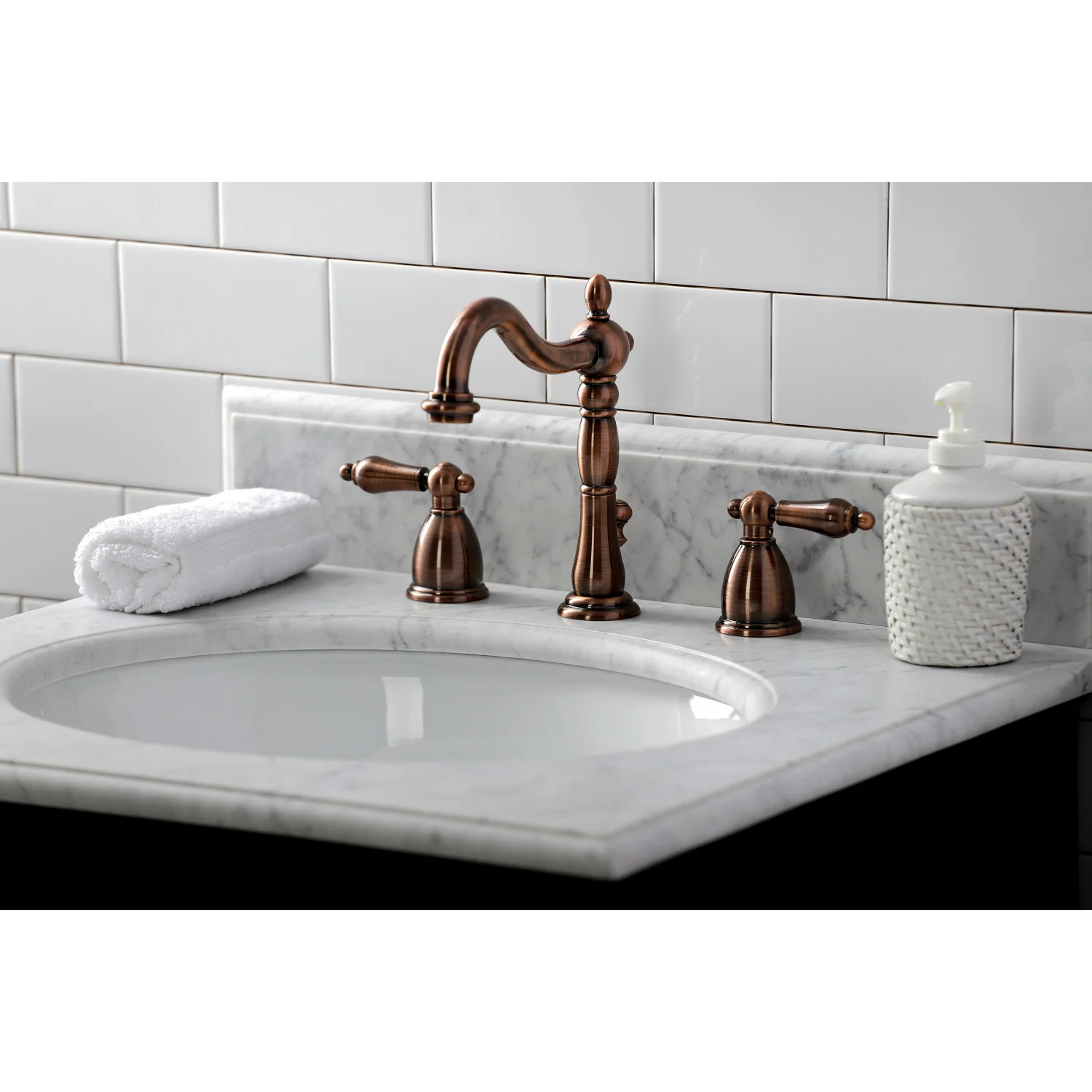 Kingston Heirloom KB197ALAC - Heritage Two-Handle 3-Hole Deck Mount Widespread Bathroom Faucet with Brass Pop-Up, Antique Copper - Image 6