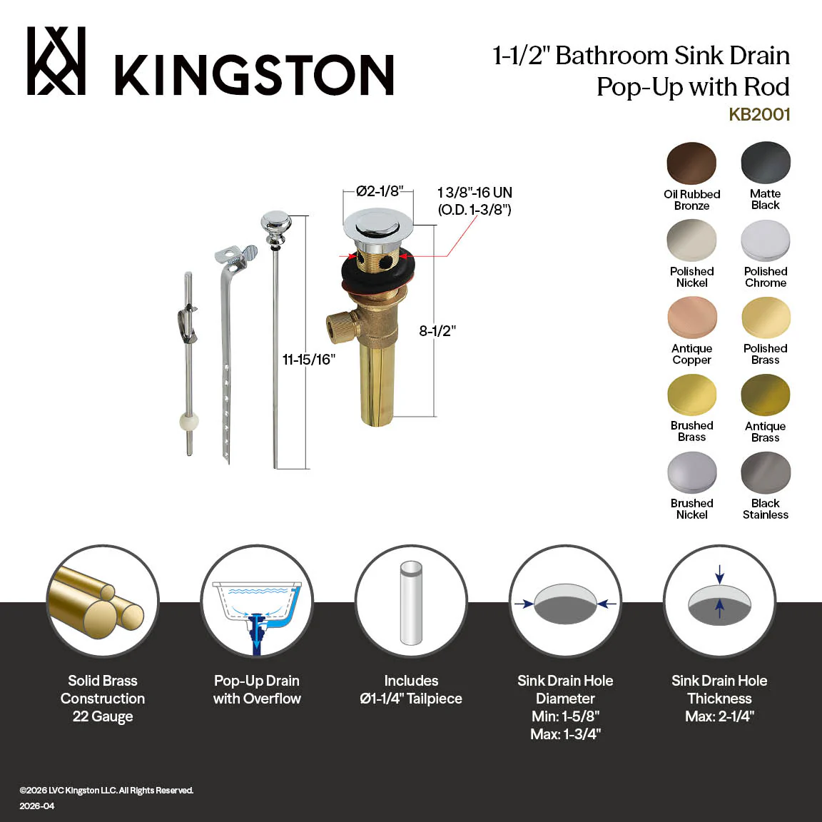 Kingston Trimscape KB2006 Brass Pop-Up Bathroom Sink Drain with Overflow, 22 Gauge, Polished Nickel - Image 2