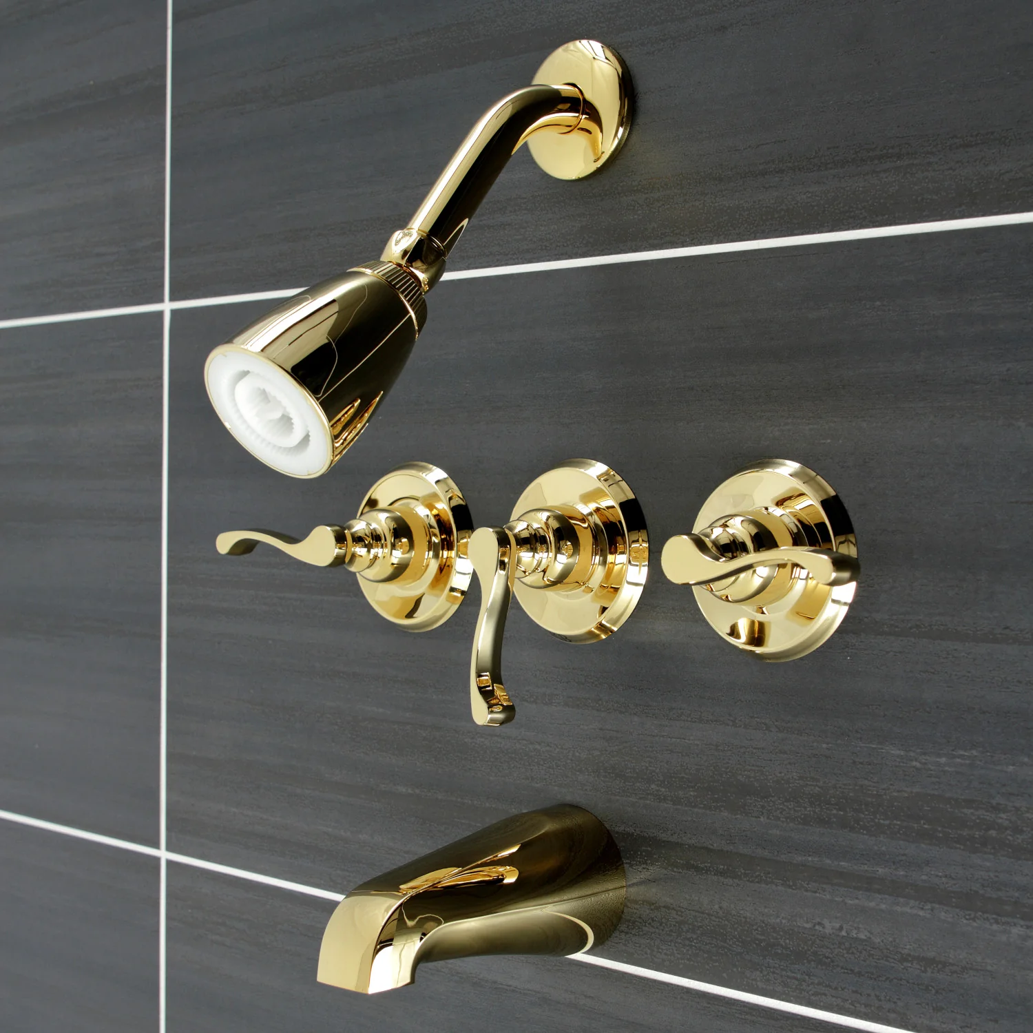 Kingston Tulare KB232FL - Royal Triple-Handle Tub and Shower Faucet, Polished Brass - Image 2