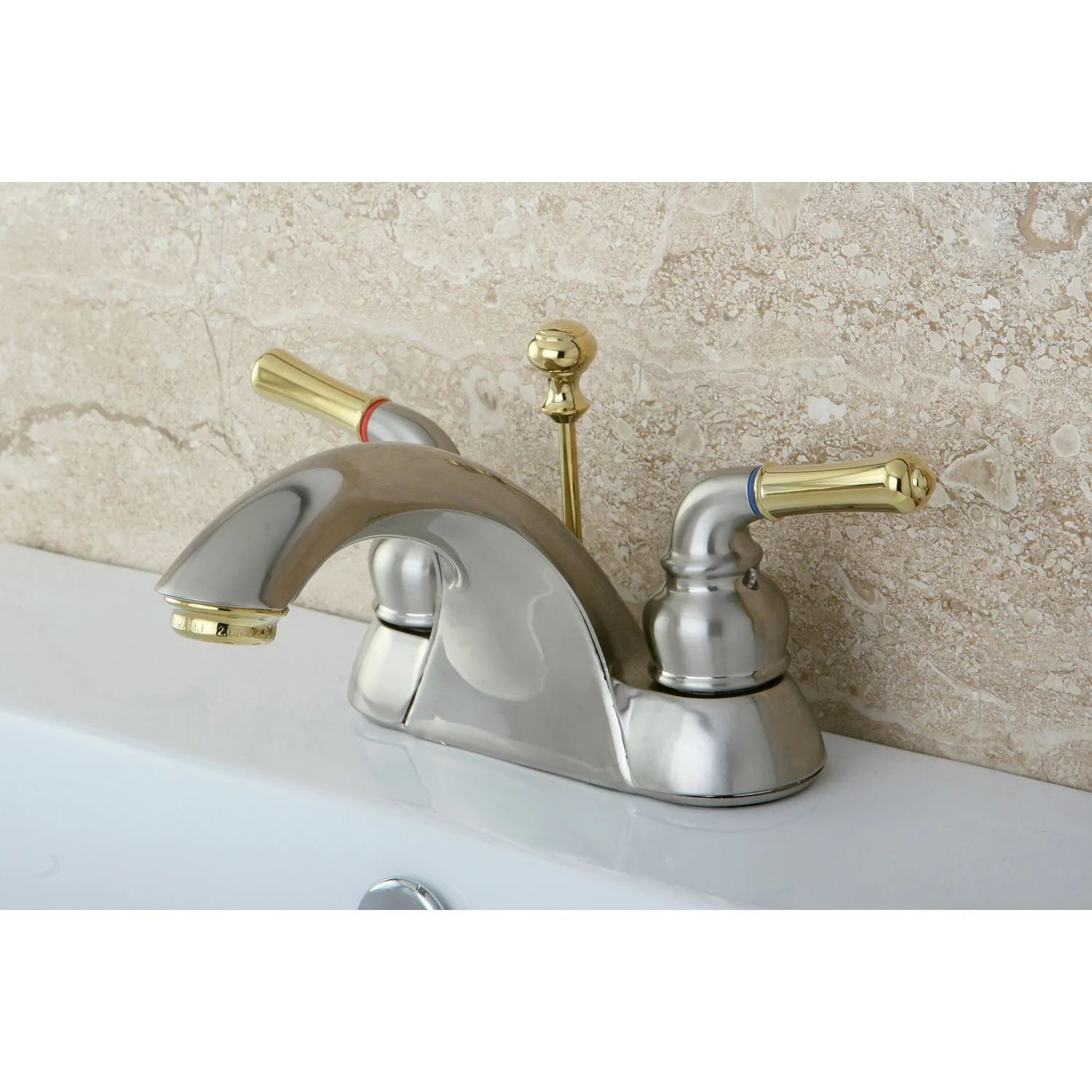 Kingston Tulare KB2629 - Naples Double-Handle 3-Hole Deck Mount 4-Inch Centerset Bathroom Faucet with ABS Pop-Up Drain, Brushed Nickel/Polished Brass - Image 2