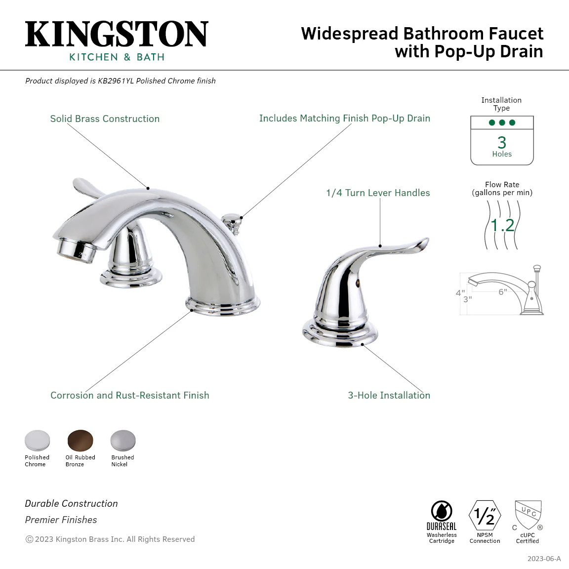 Kingston Tulare KB2965YL - Yosemite Two-Handle 3-Hole Deck Mount Widespread Bathroom Faucet with Pop-Up Drain, Oil Rubbed Bronze - Image 2