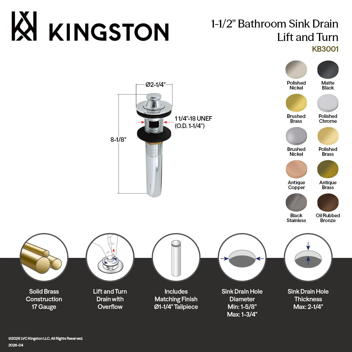 Kingston Heirloom KB300AC - Fauceture Brass Lift and Turn Bathroom Sink Drain with Overflow, 17 Gauge, Antique Copper - Image 2
